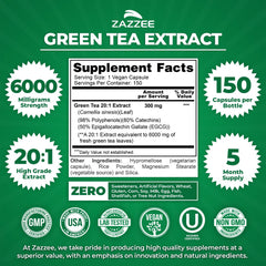 Zazzee Green Tea Extract label shows 50 percent EGCG and 98 percent polyphenols