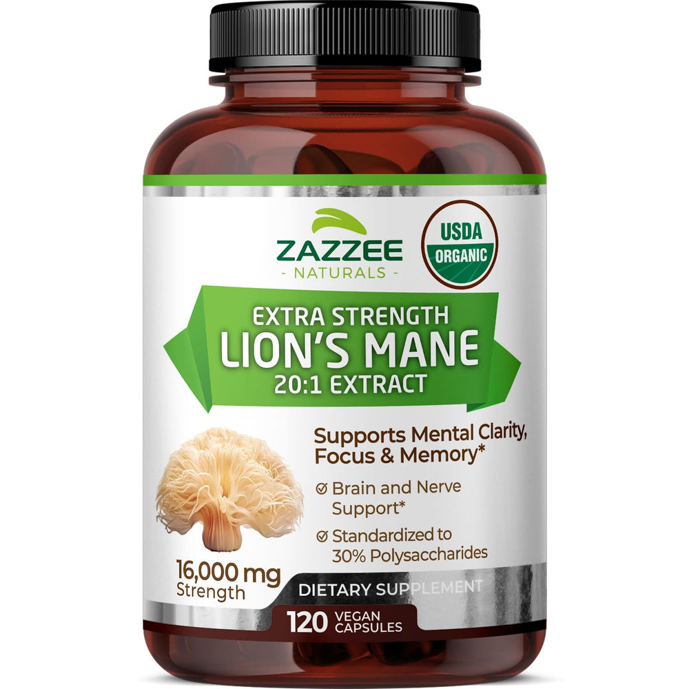 Zazzee Lion’s Mane organic bottle on display for daily brain support.