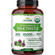Zazzee Milk Thistle bottle front displaying organic, high-strength extract for daily support