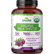 Zazzee Milk Thistle bottle front showing potency and organic label for trust