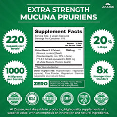 Zazzee Mucuna Pruriens capsules closeup showing vegan capsules and size.