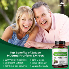 Zazzee Mucuna Pruriens 20% L-Dopa label highlighting standardized potency.