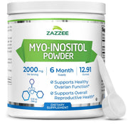Zazzee Myo-Inositol Powder bottle front showing a 6‑month supply for reproductive support