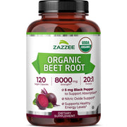 Zazzee Organic Beet Root 20:1 extract bottle closeup emphasizes organic quality