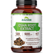 Zazzee Osha Root 4:1 Extract bottle with 500 mg capsules for respiratory support