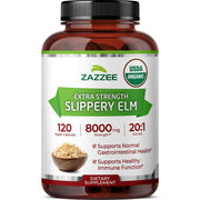 Zazzee Slippery Elm extract bottle showing 8000 mg potency for daily health support