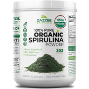 Zazzee Organic Spirulina powder in a 2.2 lb container for convenient daily servings.