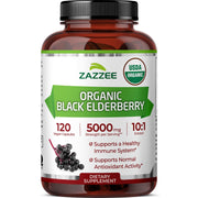 Zazzee black elderberry 10:1 extract bottle-front view highlighting a high-potency daily supplement.
