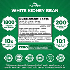 Zazzee White Kidney Bean Extract bottle back with supplement facts and 18,000 mg strength.