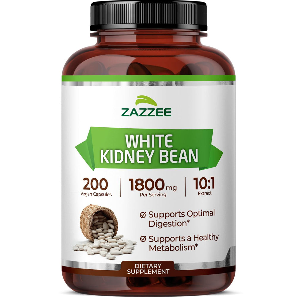 Zazzee White Kidney Bean Extract bottle front showing vegan capsules for daily support.
