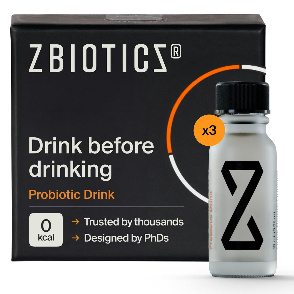 ZBiotics bottle front view, portable pre-drinking probiotic for smoother mornings.