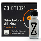 ZBiotics bottle front view, portable pre-drinking probiotic for smoother mornings.