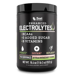 The Zeal Electrolyte Powder front tub highlights keto hydration and zero sugar appeal.