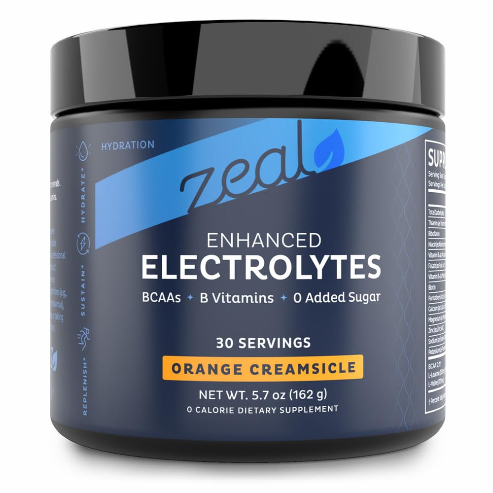 Zeal Electrolyte Powder orange creamsicle bottle for on-the-go hydration