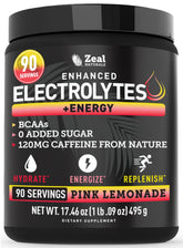 Zeal Electrolyte Powder bottle in pink lemonade for workout hydration