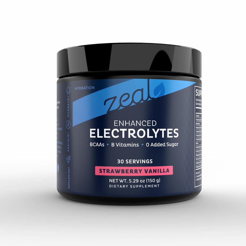 Zeal Electrolyte Powder bottle offers zero-sugar hydration for workouts.