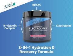 Zeal Electrolyte Powder glass shows refreshing, sugar-free hydration.