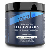 Zeal Electrolyte Powder bottle with white gummy bear flavor for hydration.