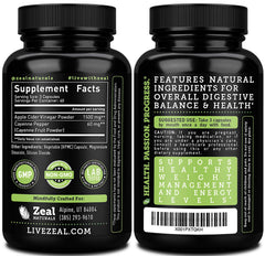 Zeal Naturals capsules close-up label highlighting raw cider vinegar for digestive wellness.