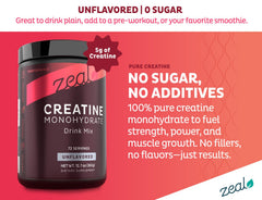 Scoop of Zeal Naturals creatine monohydrate powder ready for quick mixing into shakes.