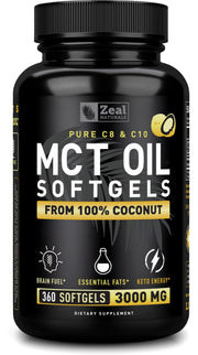 Zeal Naturals MCT softgels bottle closeup with coconut derived energy support