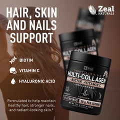 Zeal Naturals Multi Collagen Powder poured into a glass, promoting hair and nail strength.