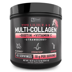 Zeal Naturals Premium Multi Collagen powder bottle for daily use supporting hair, skin, and nails.