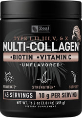 Zeal Naturals Premium Multi Collagen Powder bottle for daily joint and skin support.