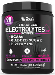 Zeal Naturals Zeal Electrolyte Powder bottle in black cherry flavor, ideal for hydration during workouts.