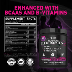 Glass of black cherry Zeal Electrolyte drink demonstrating vibrant hydration.