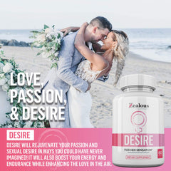 Zealous Nutrition Desire capsules closeup reveals sleek, natural libido booster formula.