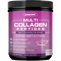 ZEBORA Collagen Powder tub on counter for convenient daily mix to support skin and hair