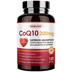 ZEBORA CoQ10 200mg softgels bottle front for convenient daily energy support.