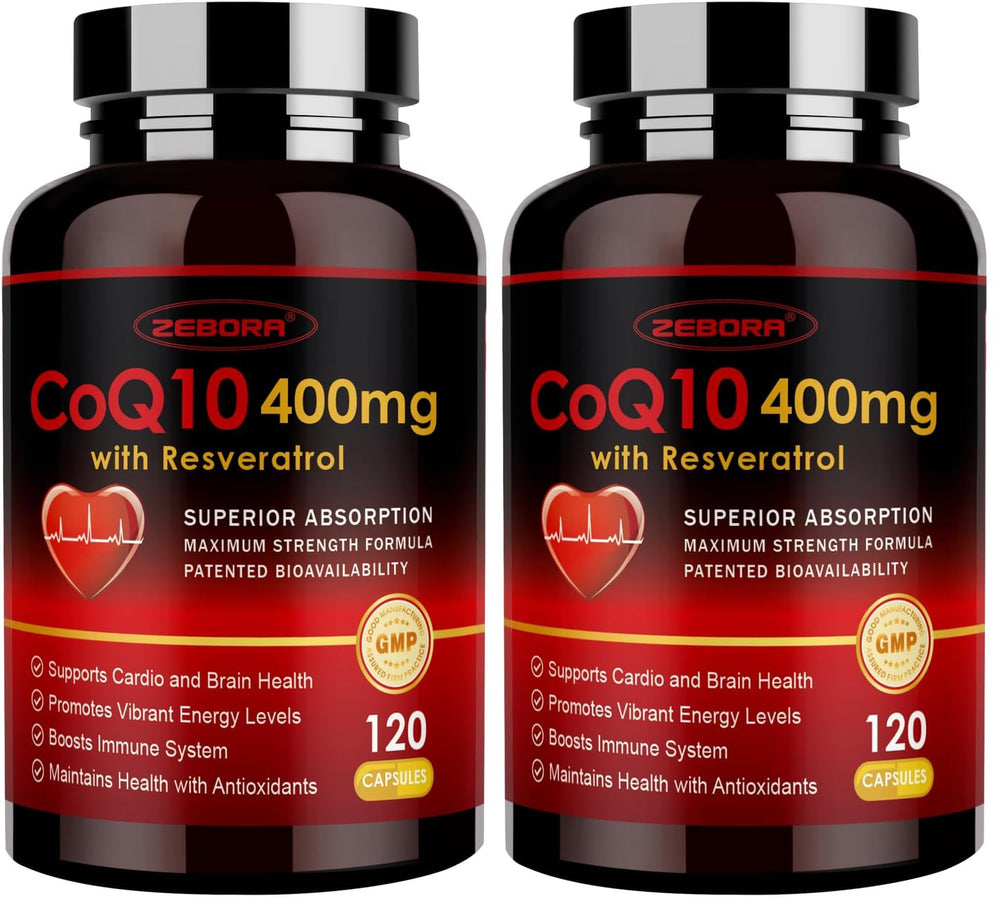ZEBORA CoQ10 400mg trans-resveratrol bottle for daily antioxidant support and wellness.
