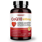 ZEBORA CoQ10 600mg softgels bottle supports daily energy and heart health.