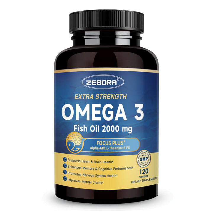 ZEBORA Omega-3 bottle front closeup highlighting high potency formula for brain and heart support.