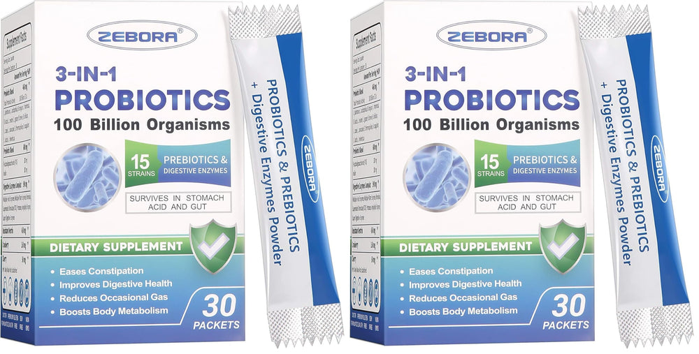 ZEBORA Probiotics bottle front with 100 billion CFU and 3-in-1 potency for daily balance.