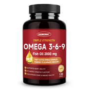 ZEBORA Triple Omega bottle with label close-up showing high-potency omega-3-6-9 benefits