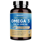 ZEBORA triple-strength omega-3 softgel bottle label highlighting high potency for heart, brain, and joints
