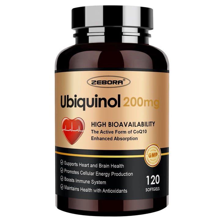ZEBORA Ubiquinol CoQ10 softgels bottle front for daily heart and energy support.