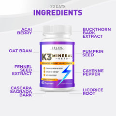 Close-up of ZELSO K3 Mineral capsules showing natural ingredients