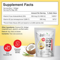 Close-up of Zeltrix D3 K2 softgels highlighting MK-7 content.