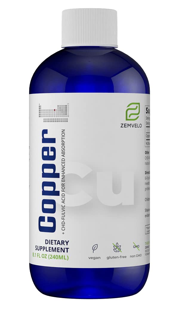 Zemvelo liquid copper bottle pour highlighting absorption and use for connective tissue