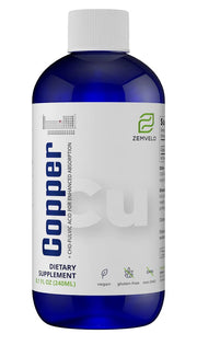Zemvelo liquid copper bottle pour highlighting absorption and use for connective tissue