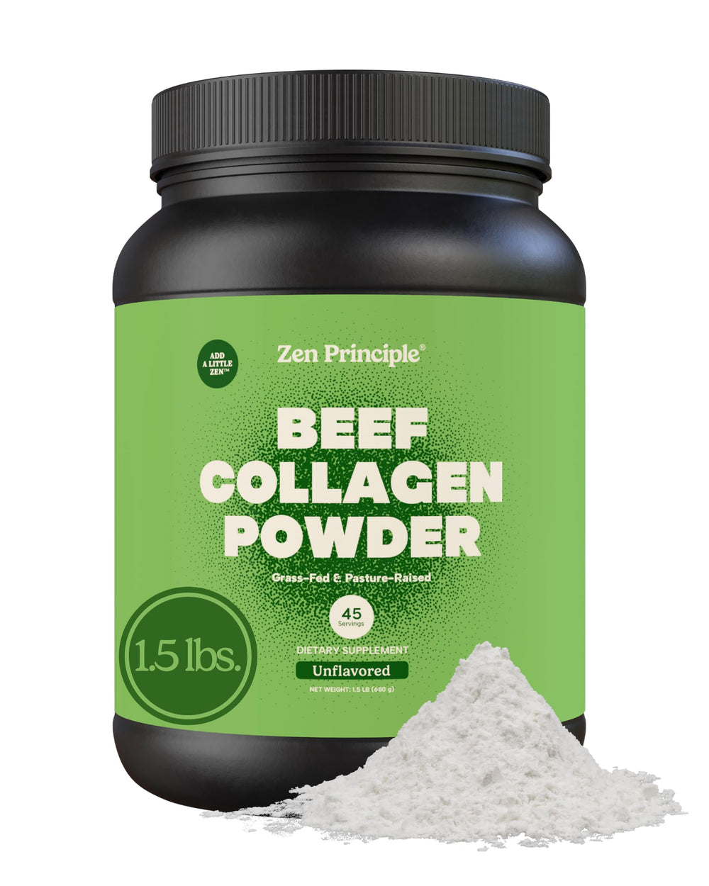 Zen Principle collagen powder tub close-up, for daily skin and joint support.