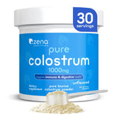 Zena Nutrition bovine colostrum powder jar shows pure, unflavored supplement ideal for easy mixing.