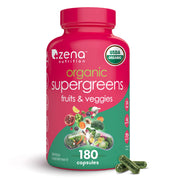 Zena Nutrition Organic Super Greens bottle front shows 70+ ingredients for daily vitality