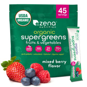 Zena Nutrition Organic Super Greens powder canister showing 70+ superfoods for daily wellness.