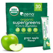 Zena Nutrition Organic Super Greens powder tub showing essential greens for daily wellness.