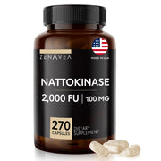 Zenavea nattokinase 2000FU capsule close-up highlighting vegan, gluten-free formula for daily wellness.
